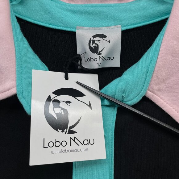 NWT Lobo Maul Polo Shirt 3/4 Sleeve Contrast Trim Collar Black Pink Teal Large - Picture 5 of 11